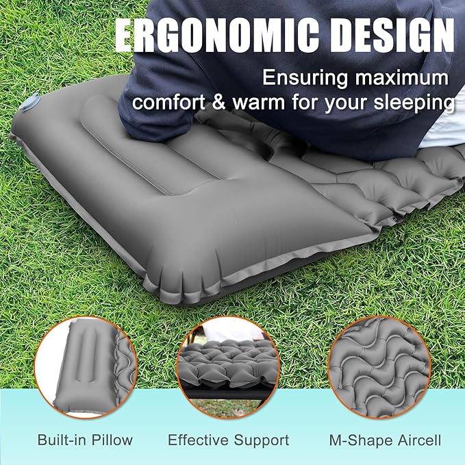 Inflatable Camping Sleeping Pad with Pillow, Compact Sleeping Mat with Built-in Foot Pump, Lightweight Camping Air Mattress for Backpacking Traveling Hiking Tent