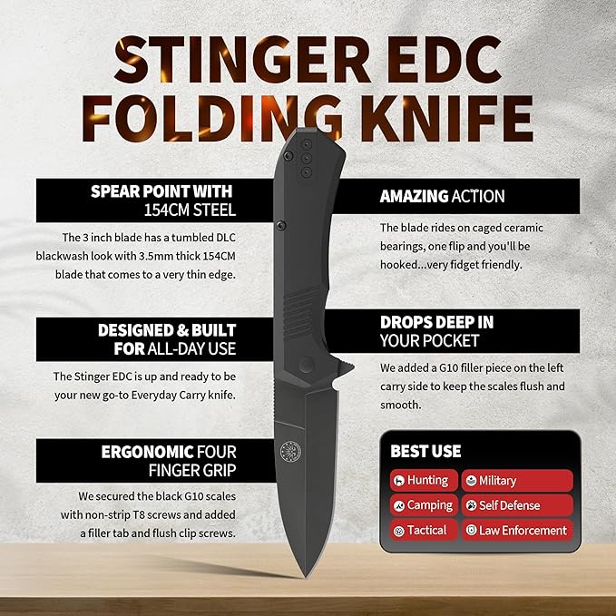 Off-Grid Knives - Stinger EDC Folding Knife with Spear Point Blade, Crucible 154CM Steel, G10 Scales, Deep Carry Clip, Everyday Carry (Blackout Spear Point)