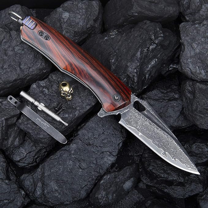 Damascus steel multifunctional EDC folding knife with self assembling pocket clip, lining lock, leather sheath, one piece disassembly pocket knife
