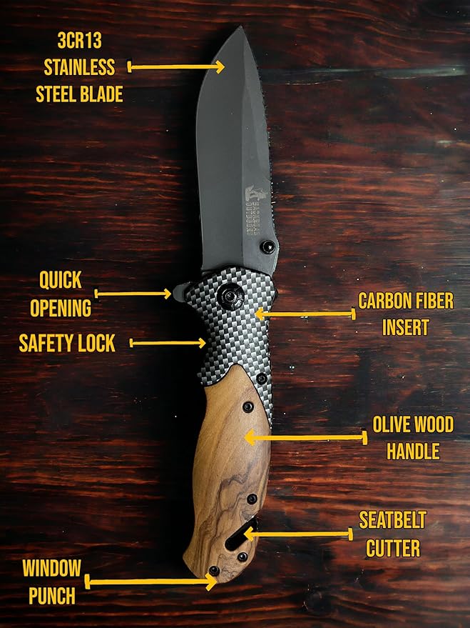 Stainless Steel EDC Folding Wood Handle Pocket Knife Glass Breaker Seatbelt Cutter Olive Wood Handle Carbon Fiber Insert