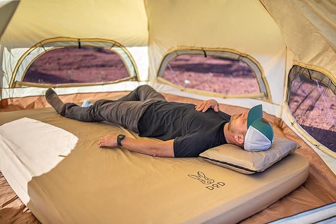 DOD Soto Sleeping Pad for Camping - Extra Thick Self-Inflating Camping Mattress and Camping Pillow - Tan - Large