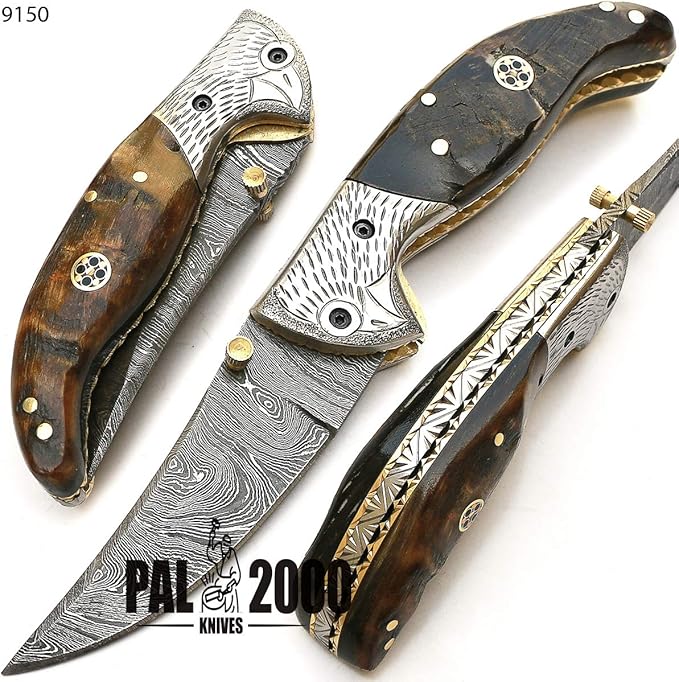 PAL 2000 KNIVES POC-9150 Custom Handmade Damascus Steel Folding Knife With Sheath