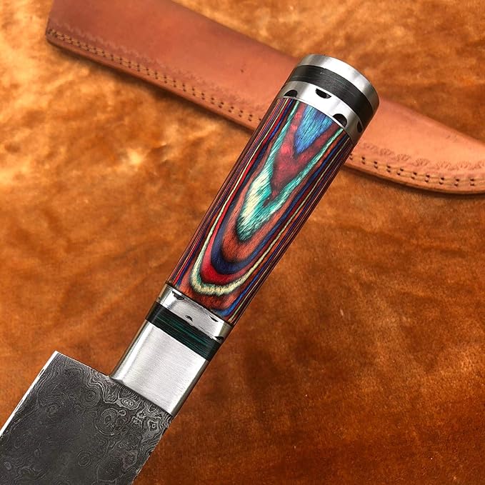Custom Handmade Damascus 15" Rain Drop With Color Dollar Sheet Kitchen Knife With Leather Sheath