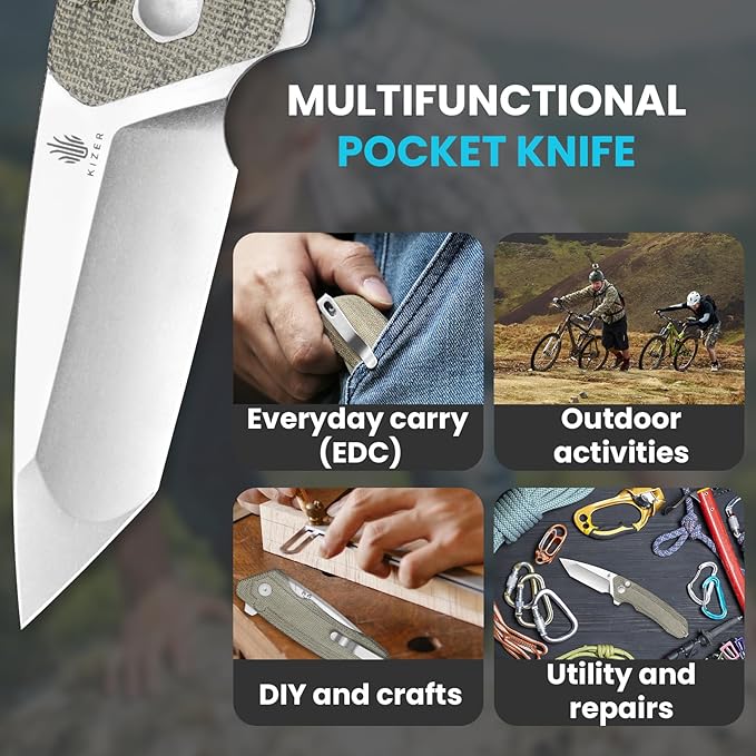 Kizer Mad Tanto Pocket Knife 154CM Steel Green Micarta Handle, Folding Knife, EDC Tactical Survival Knife, V4602C2