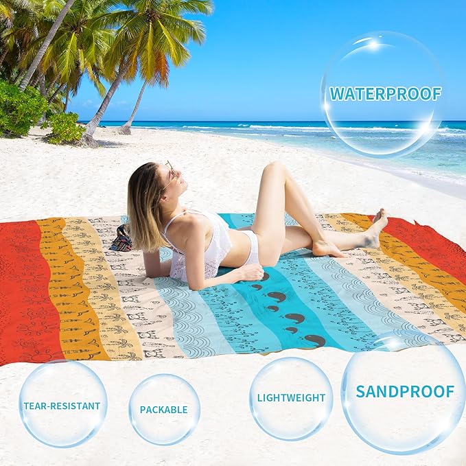 BYDOLL Beach Blanket Sandproof Waterproof 78''×81''1-4 Adults Compact Lightweight Oversized Beach Blanket Large Picnic Mat Beach Blanket for Travel Camping Hiking Picnic