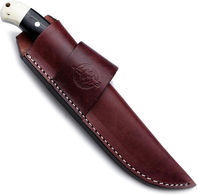 Handmade Damascus Steel Fixed Blade Bowie Knife for EDC,Hunting,Survival,Camping,Bushcraft,and Fishing with Drop Point Full Tang Bone Handle with Cowhide-Leather Sheath - WKD-783
