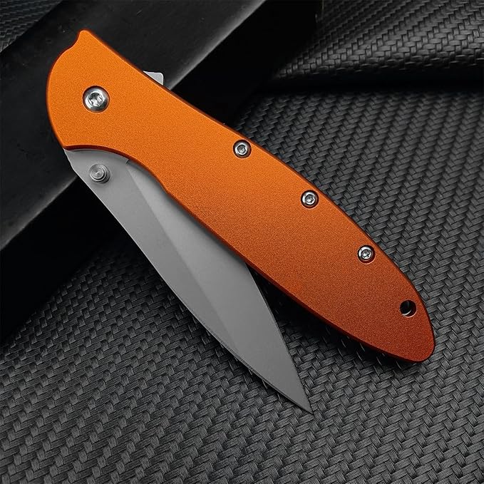 Outdoor Orange Pocketknife, 3" Bead Blast Plain Blade, Stainless Steel Handle, Dual Lock System, Tactical Hunting Folding Knife For Men Women