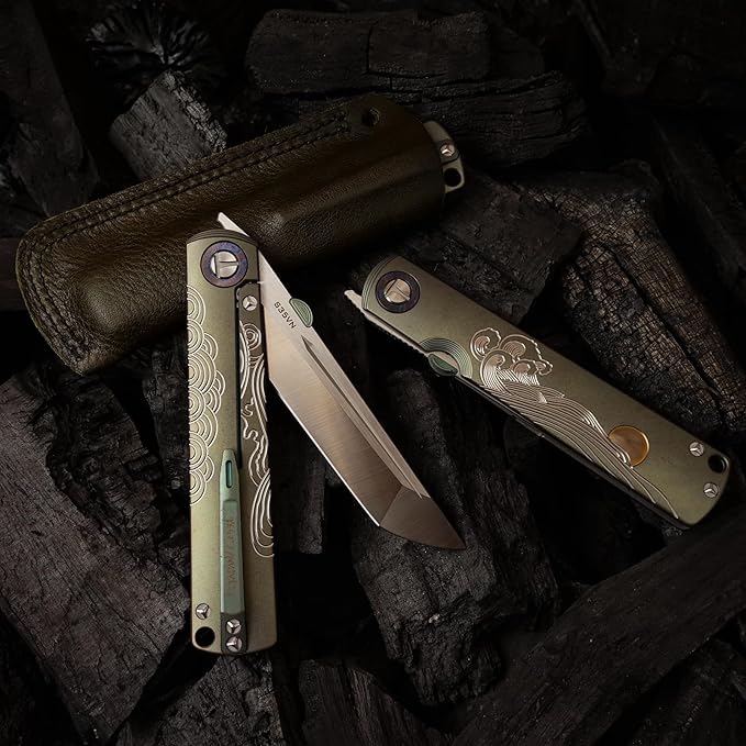 Handmade CPM-S35VN Powder Steel Japanese Pocket Knife, TC4 Titanium Alloy Handle, Camping and Hiking, Can be Gifted to Husband and Wife
