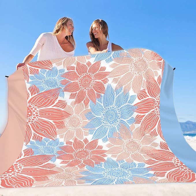 Beach Blanket Sandproof Extra Large Beach Mat Adults Waterproof Quick Drying Sand Free Mat Made by Premium Polyester with 4 Stakes & 4 Corner Pockets for Outdoor Travel Camping Hiking