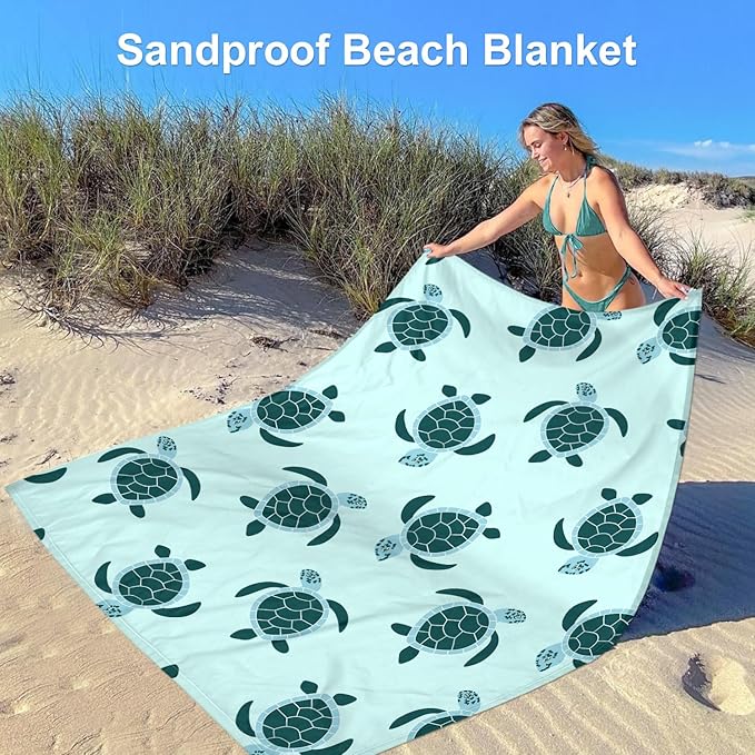 Beach Blanket Waterproof Sandproof, 6.5'x7.2' Extra Large Sand Free Beach Mat 1-4 Adults, Lightweight Portable Outdoor Beach Accessories w/ 4 Stakes for Picnic, Camping, Vacation - Green Baby Turtle