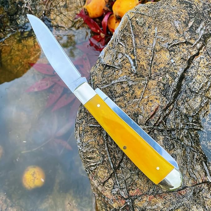 Watchman Trapper Pocket Knife – Dual Stainless Steel Blades Slip Joint Knife Folding Pocket Knife with Authentic bone handle scales (yellow)