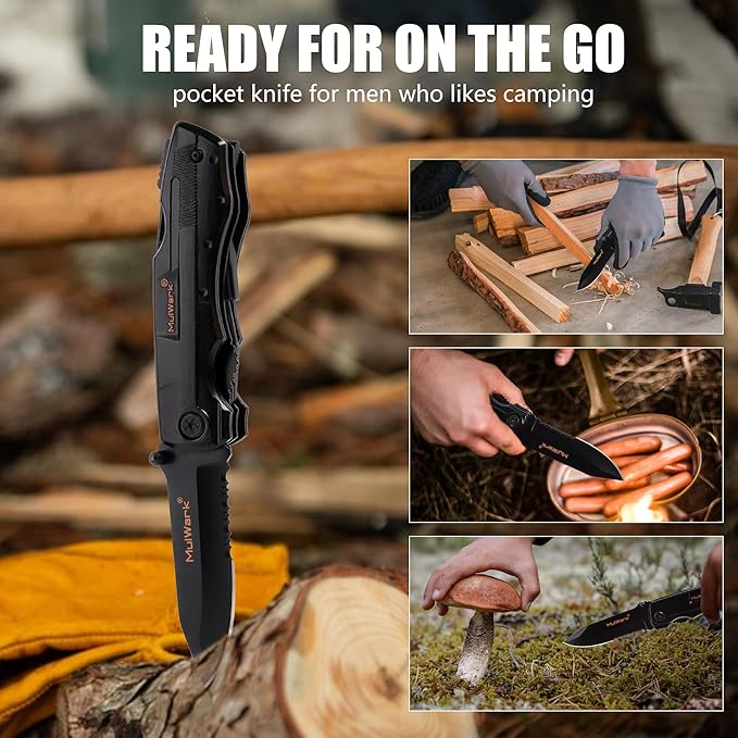 MULWARK Folding Multitool Pocket Knife 12 in 1 Survival Knife - Pocket Knife for Men - Gift for Men, Hunting Knife, Tactical Camping Knife - Black