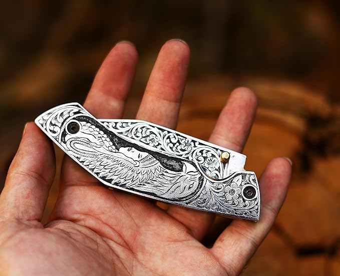 FOL-3153 Premium Hand Engraved Folding Pocket Knife Durable D2 Steel Hunting Knife