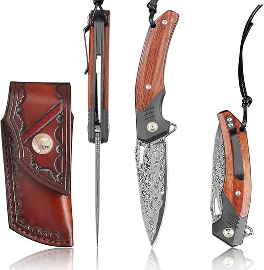 Handmade Forged Damascus Steel Folding pocket Knife, 3.07inch Damascus Steel Blade and 4.05inch Wood Handle,with pocket Clip,Retro Leather Sheath, EDC Pocket Knives for Camping Tactical Outdoor Knife.