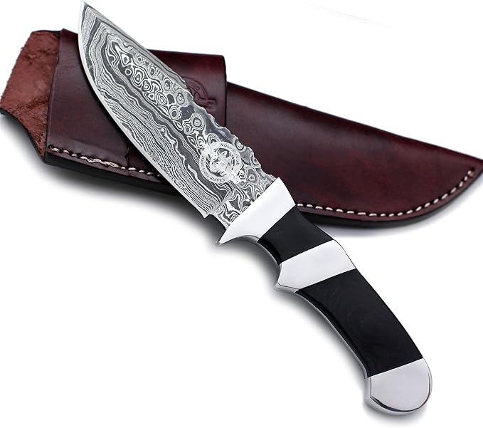 Handmade Damascus Steel Fixed Blade Bowie Knife For Edc,Hunting,Survival,Camping,Bushcraft and Fishing Fixed Blade Drop Point Blade Full Tang Micarta Handle with Cowhide-Leather Sheath -WKD-806
