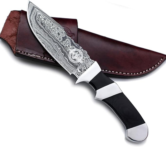 Handmade Damascus Steel Fixed Blade Bowie Knife For Edc,Hunting,Survival,Camping,Bushcraft and Fishing Fixed Blade Drop Point Blade Full Tang Micarta Handle with Cowhide-Leather Sheath -WKD-806