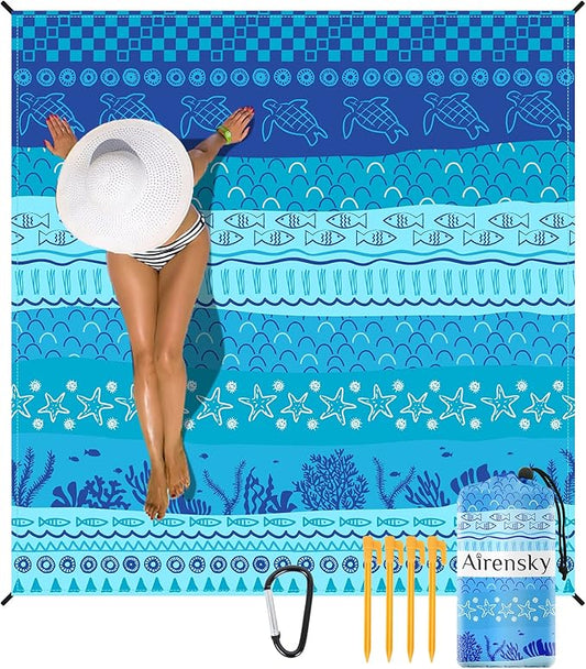 Airensky Beach Blanket, Sandproof Beach Mat 79" X 82" for 4-7 Adults, Large Waterproof Beach Blanket Quick Drying Lightweight Beach Blanket with 4 Stakes for Travel Camping Hiking(Blue Sea World)