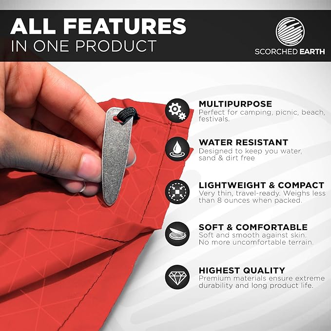 Pocket Blanket for Beach, Travel, Outdoor, Camping, Hiking, Picnic, Festival, Sports - Water Resistant, Compact, Durable Tarp, Corner Pockets, Bag, Built in Stakes (Crimson Red, 60x55)