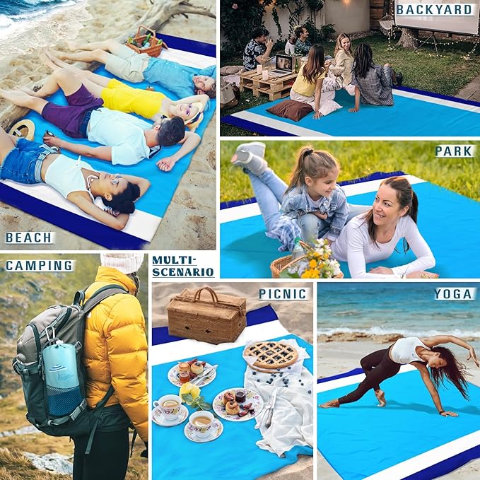 Beach Blanket Sandproof Waterproof 10'×9' 1-8 Adults Oversized,Compact Lightweight Durable Beach Mat for Travel Camping Hiking Picnic blanket