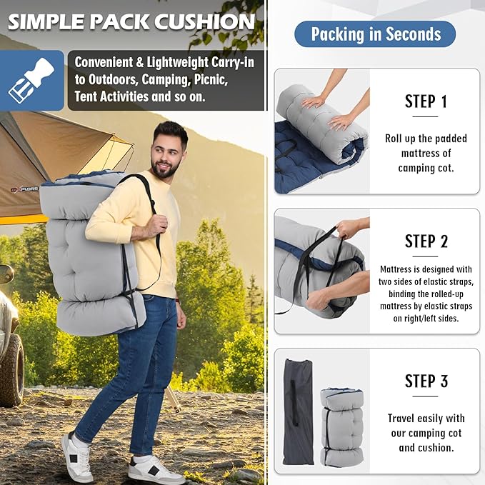 Oversized Folding Camping Cot 32inch w/Mattress, Heavy Duty Portable Sleeping Cot with Carry Bag, Double Layer Oxford Travel Camp Cots for Outdoors & Indoors, Suit for Adults Kids ，Navy/Grey