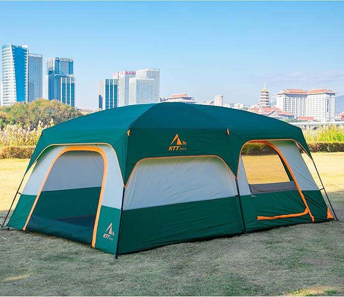 KTT Extra Large Tent 10-12-14 Person(Style-B),Family Cabin Tents,2 Rooms,3 Doors and 3 Windows with Mesh,Straight Wall,Waterproof,Double Layer,Big Tent for Outdoor,Picnic,Camping,Family Gathering