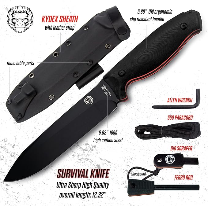 Holtzman's Gorilla Survival 'Fireline' Fixed Blade Hunting Knife with Sheath, Fire Starter Scraper & Paracord (Green)