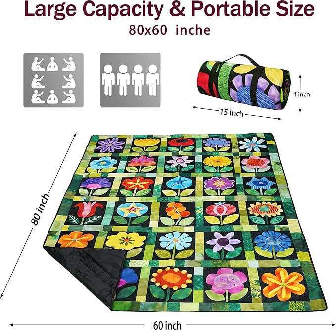 Picnic Blankets Beach Blanket 80" X 60" Extra Large Waterproof Camping Blankets Portable Outdoor Mat 3-Layer blanket for Beach, Hiking, Park, Music Festival, Grass Lawn,Travel