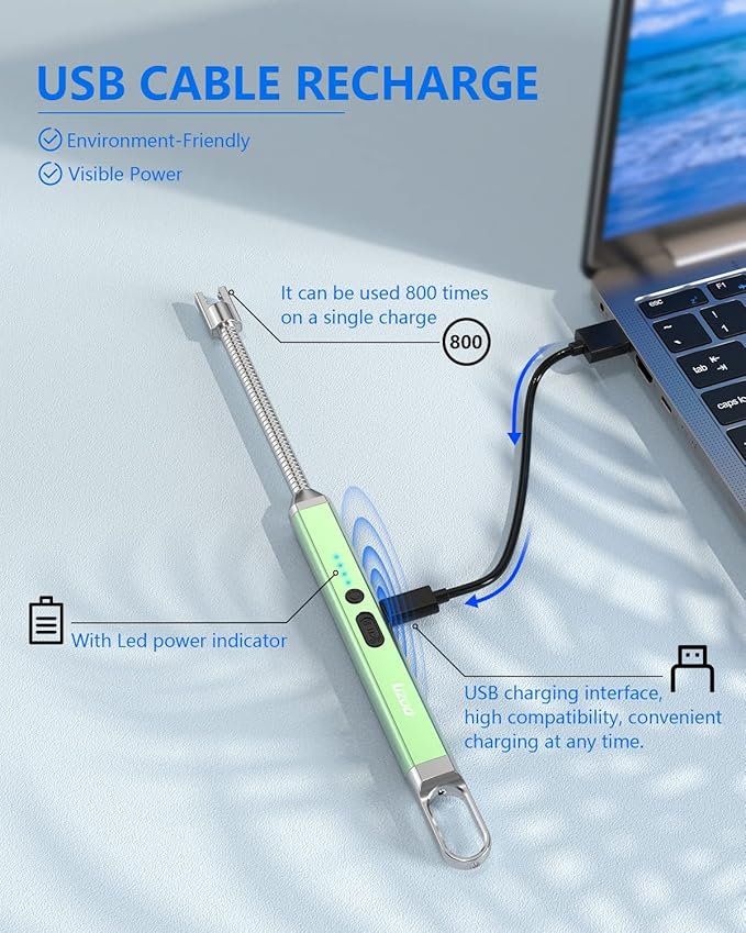 Long Lighter, Upgraded USB Electric Lighter, Rechargeable Arc Lighter with LED Display, 360° Flexible Neck Flameless Grill Long Lighters for Candle Aromatherapy Camping BBQ Gas Stove-Green