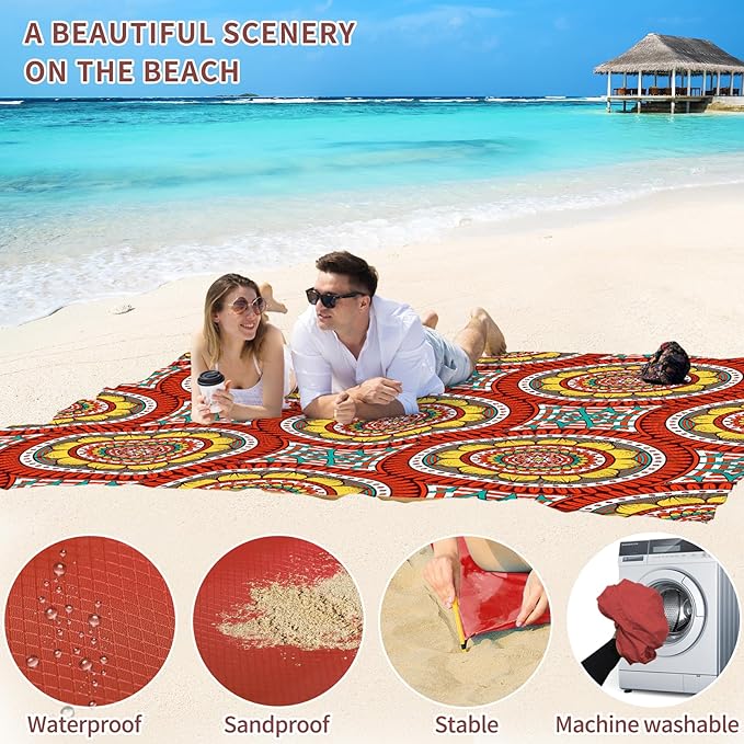 BYDOLL Beach Blanket Mandala Sandproof Waterproof 78''×110''1-7 Adults Compact Lightweight Oversized Beach Blanket Large Picnic Mat Blanket for Travel Camping Hiking Picnic