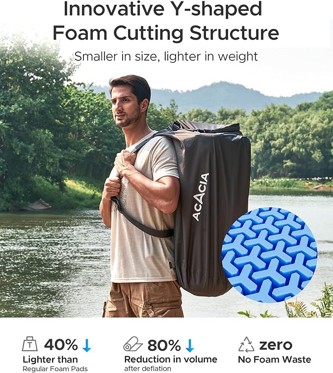 ACACIA 4" Thick Self Inflating Sleeping Pad with Foam, Innovative Y-Shaped Telescopic Structure, Ultraportable Camping Air Mattress with Pump Sack, Outdoor Compact Sleep Bed for Travel Tent Car