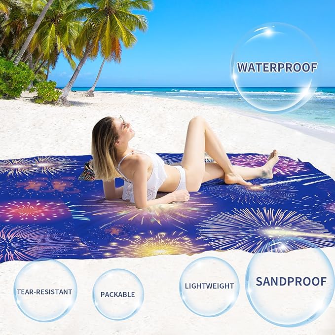 BYDOLL Beach Blanket Sandproof Waterproof Firework 78''×81''1-4 Adults Compact Lightweight Oversized Beach Blanket Large Picnic Mat Beach Blanket for Travel Camping Hiking Picnic