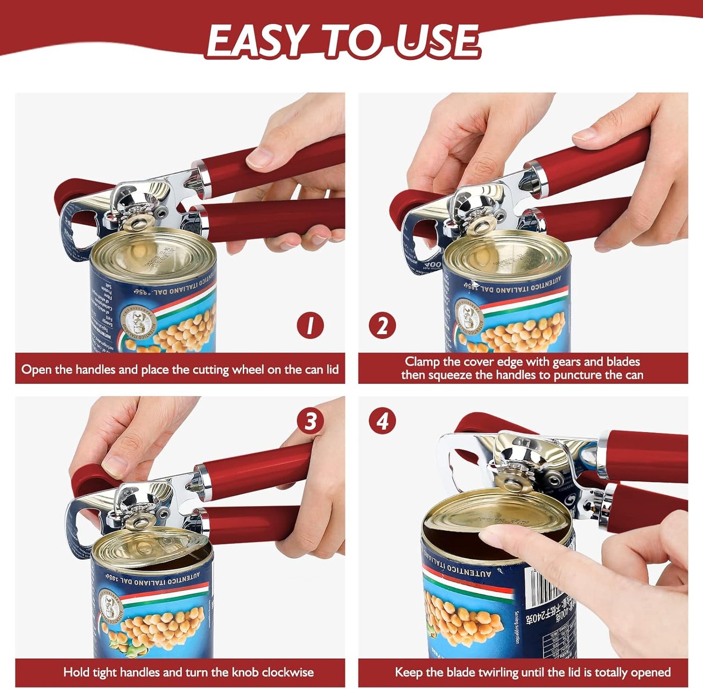 10 Colors, Manual Handheld Heavy Duty Hand can Opener Smooth Edge Stainless Steel, Top Lid Kitchen Gadgets, Best Large Rated Easy Turn Knob, with Bottle Opener, Red