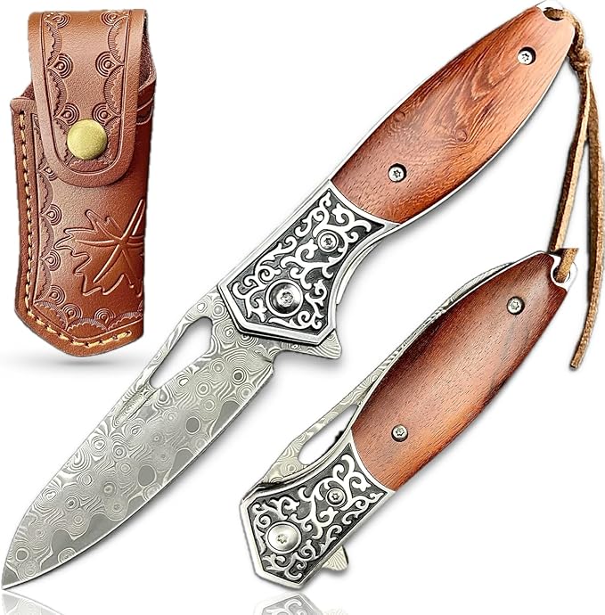 TACTICAL GEARZ Pocket Folding Knife w/Damascus Blade! Rosewood/Steel Handle, Includes Custom Stitched Leather Sheath! (Keno)
