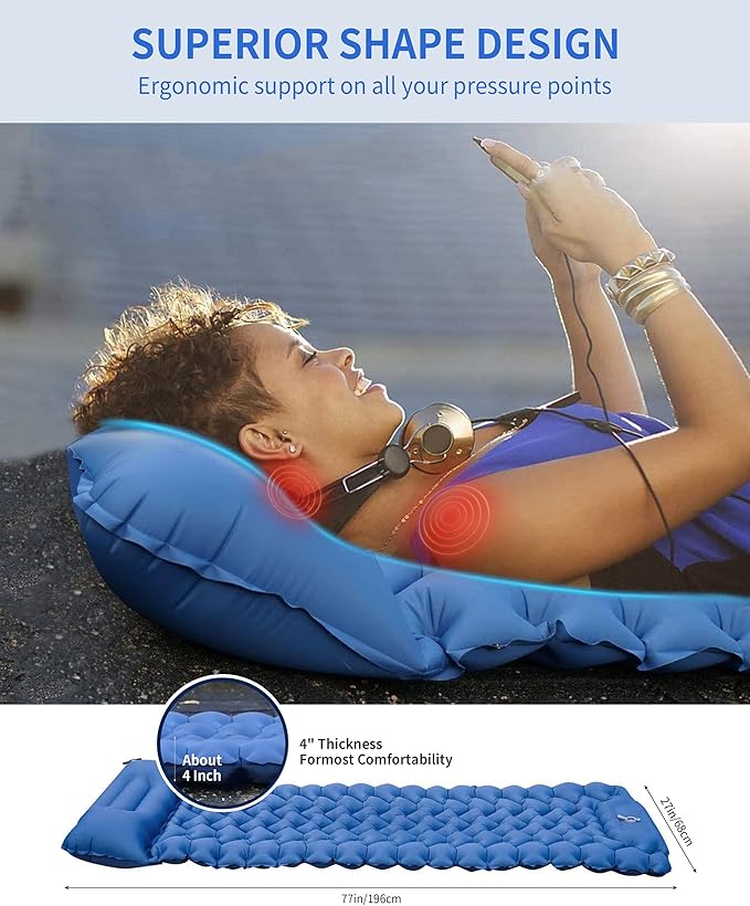 Sleeping Pad for Camping 78''X28'', Camping Sleeping Pad with Pillow Built-in Pump, Camping Air Mattress for Backpacking, Traveling ‎Navy Blue