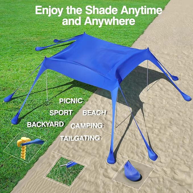 Rhino Valley Beach Tent Sun Shelter, Beach Canopy Tent Sun Shade UPF50+ Protection with 8 Sandbags 4 Stability Poles, Outdoor Beach Shade Canopy for Beach, Camping, Fishing