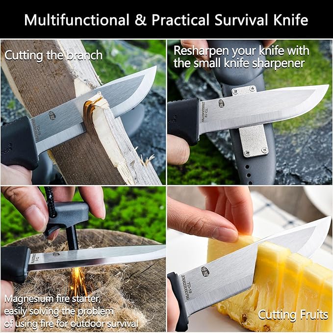 HX OUTDOORS Extra Sharp Survival Bushcraft Knife with Fire Starter, Premium 14C28N Steel Fixed Blade Camping Knife with Sheath for Outdoor, Hiking, Backpacking(Black)