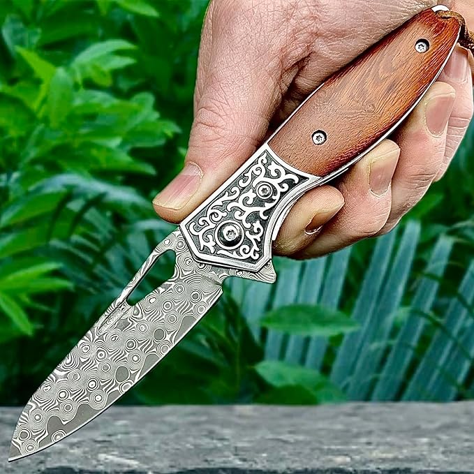 TACTICAL GEARZ Pocket Folding Knife w/Damascus Blade! Rosewood/Steel Handle, Includes Custom Stitched Leather Sheath! (Keno)
