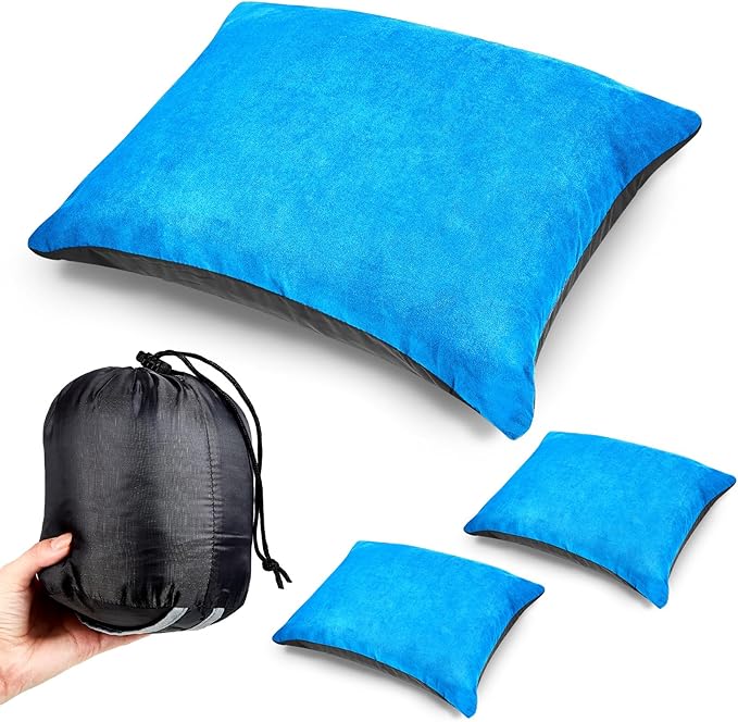 Soaoo 3 Pcs Camping Pillow Inflatable Compressible Memory Foam Foldable Travel Pillow Packable Pillow with Storage Bag for Adult Kid Backpacking Sleeping Traveling Hiking Car Essential Gear (Blue)
