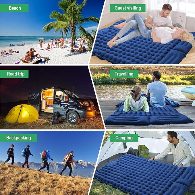 Double Sleeping Pad for Camping Inflatable 2 Person Sleeping Mat with Built-in Pump, Foot Press Ultralight Extra Thick Camping Mat with Pillow for Backpacking, Traveling, Hiking, Durable & Waterproof