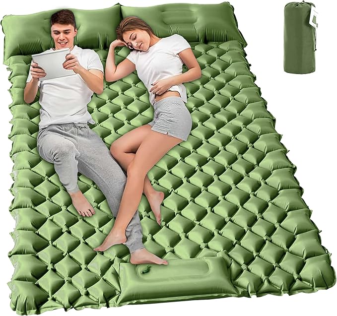 Double Sleeping Pad for Camping, 2 Person Ultralight Inflatable Sleeping Mat with Pillow and Built-in Foot Pump, Portable Camping Mattress for Tent, Backpacking, Hiking, Travel-Upgrade Green