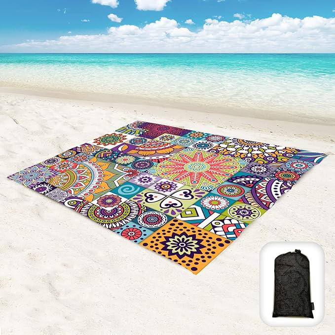 Beach Blanket Waterproof Sandproof Oversized 95”x 80”,Sand Free Beach Mat with Corner Pockets,Portable Mesh Bag for Beach Festival,Picnic,Travel and Outdoor Camping (Moroccan Myst)