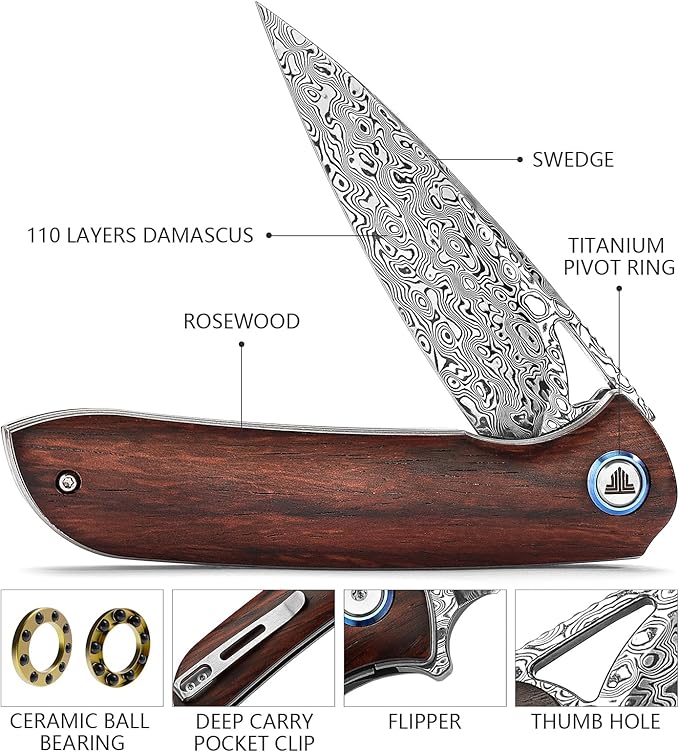 Handmade Folding Hunting Knife，3.5in 110 Layers Damascus Steel Liner Lock Rosewood Handle with Deep Carry Pocket Clip&Titanium Pivot Ring,Thumb Hole Flipper Opener with Ceramic Ball Bearing EDC Knives for Men，Sgr-01