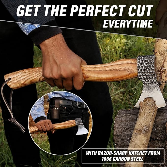 HotSteel Carving Axe Hand Forged Camping Axe with Sheath - Bushcraft Hatchet Camping Small Axe with Wood Handle - Bearded Wooden Axe Survival Hatchet Axe for Chopping Wood and Gardening