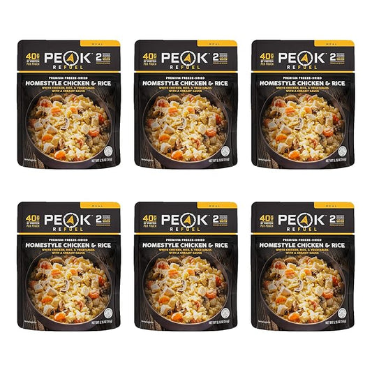 Peak Refuel Homestyle Chicken & Rice| Premium Freeze Dried Camping Food | Backpacking & Hiking MRE Meals | Just Add Water | 100% Real Meat | 240g of Protein | 6-Pack