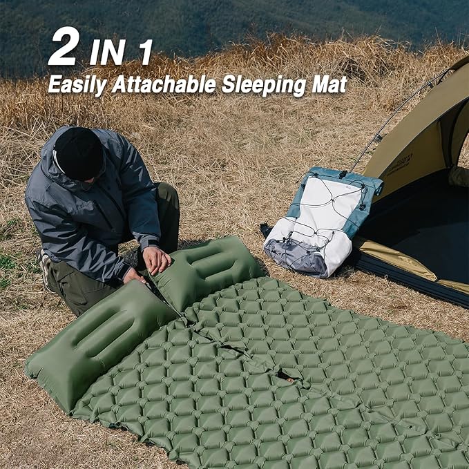 Self-Inflating Sleeping Mat, Ultralight Air Mattress with Integrated Pillow, Outdoor Foldable Sleeping Mat for Camping, Hiking, Trekking, Tent (Green)
