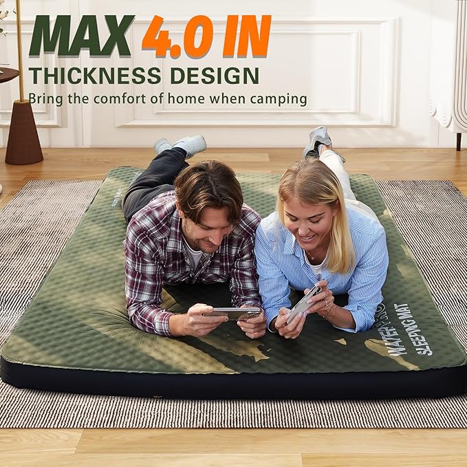 Self Inflating Double Sleeping Pad, 4in Ultra-Thick Foam Camping Mattress 2 Person with Air Pump Sack,Camping Floor Bed for Adults Inflatable Sleeping Mat Camping Essentials for Travel, Army Green
