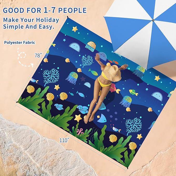 BYDOLL Beach Blanket Sandproof Waterproof 78''×110''1-7 Kids Adults Compact Lightweight Oversized Beach Blanket Large Picnic Mat Beach Blanket for Travel Camping Hiking Picnic