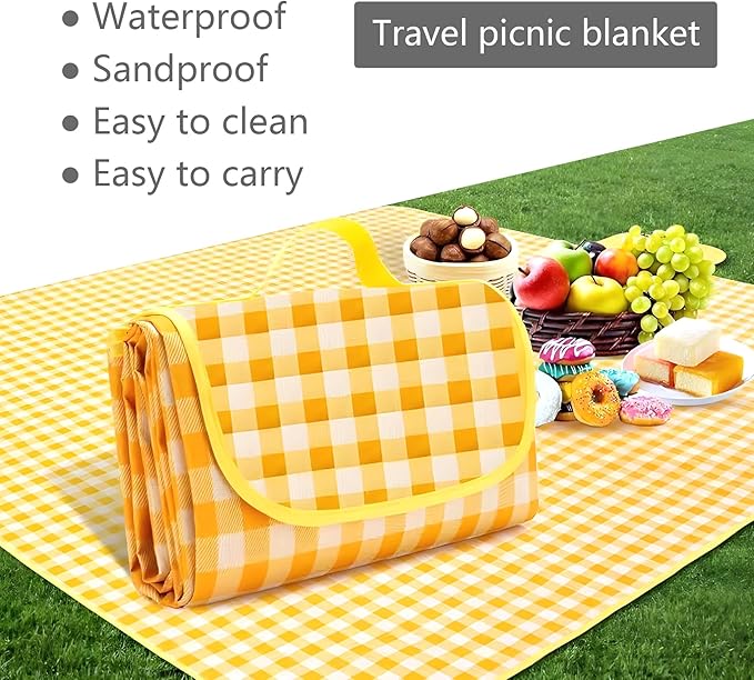 Picnic Blankets,80"X80" Outdoor Picnic Blanket, Picnic Mat for Beach, Grassland, Foldable Portable, Easy to Clean,Waterproof,Sandproof (Yellow, 80"*80")