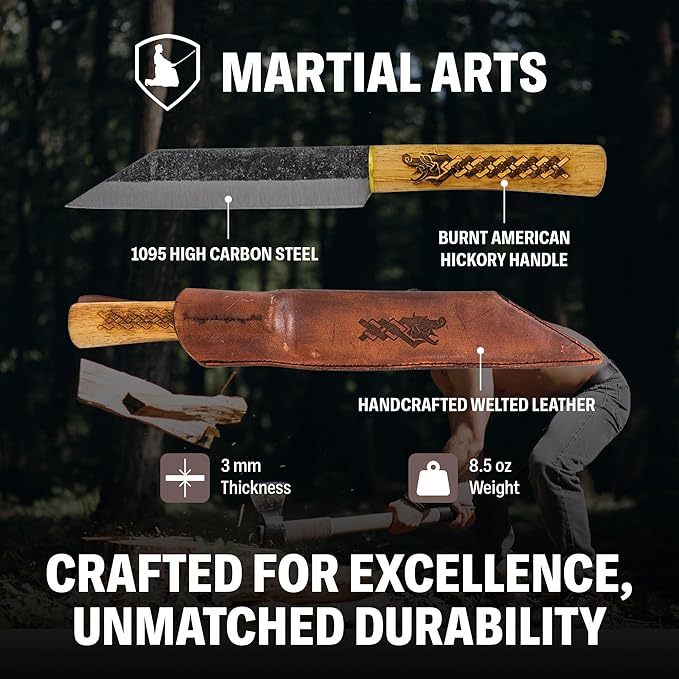 Condor Tool & Knife Norse Dragon Seax Knife - Viking Knife with Sheath - 1095 High Carbon Steel - Burnt American Hickory Handle - Hand Crafted Welted Leather Sheath - Viking Dagger - 7in Blade - 8.5oz