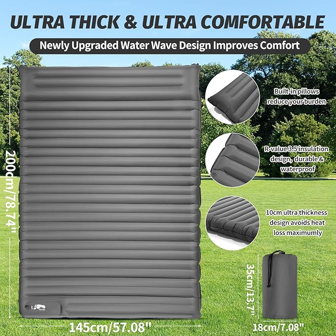 LAMA Double Sleeping Pad for Camping, 2 Persons Self Inflating Camping Mattress for Sleeping, Ultra-Thick 4" Sleeping Mat with Pillow Built-in Pump, Ultralight Camping Mat for Backpacking, Hiking, GY